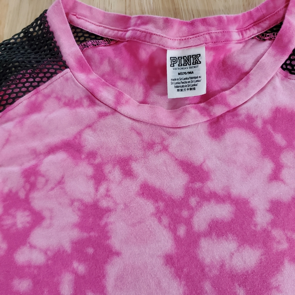 VS Pink Watercolor ombre Crop top with mesh net sleeves Custom gym wear Medium - Picture 4 of 4